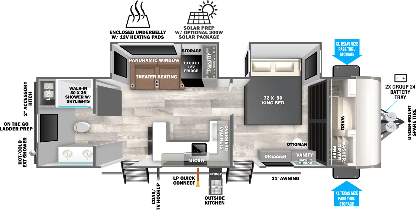 The Heritage Glen Travel Trailers 265BSRB floorplan has two entries and two slide outs. Exterior features include: fiberglass exterior, 21' awning and outside kitchen. Interiors features include: front bedroom and rear bathroom.